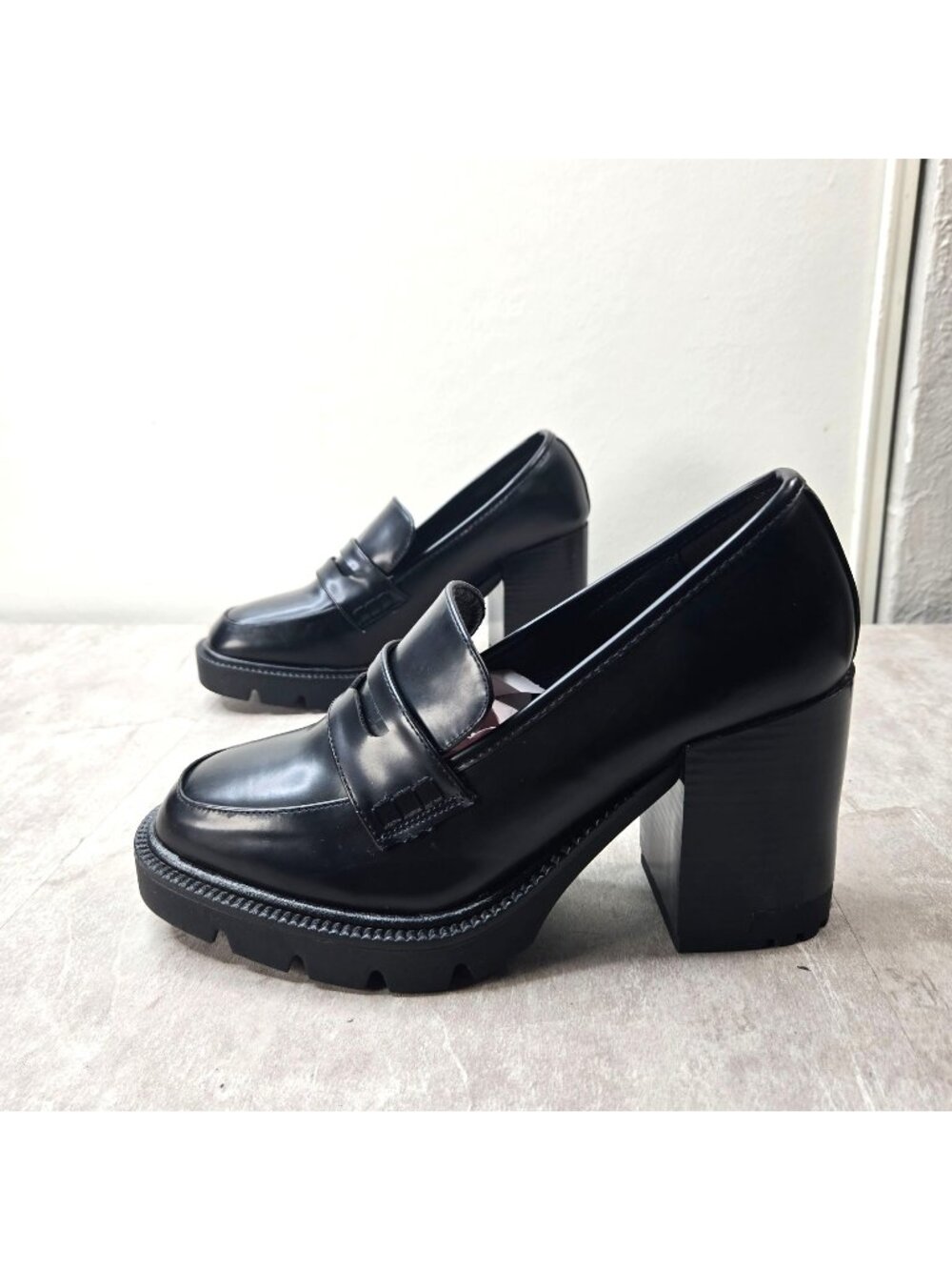 Platform Penny Loafers 10 Black Y2K Preppy Chunky Block Heel Lug Sole Dress Shoe